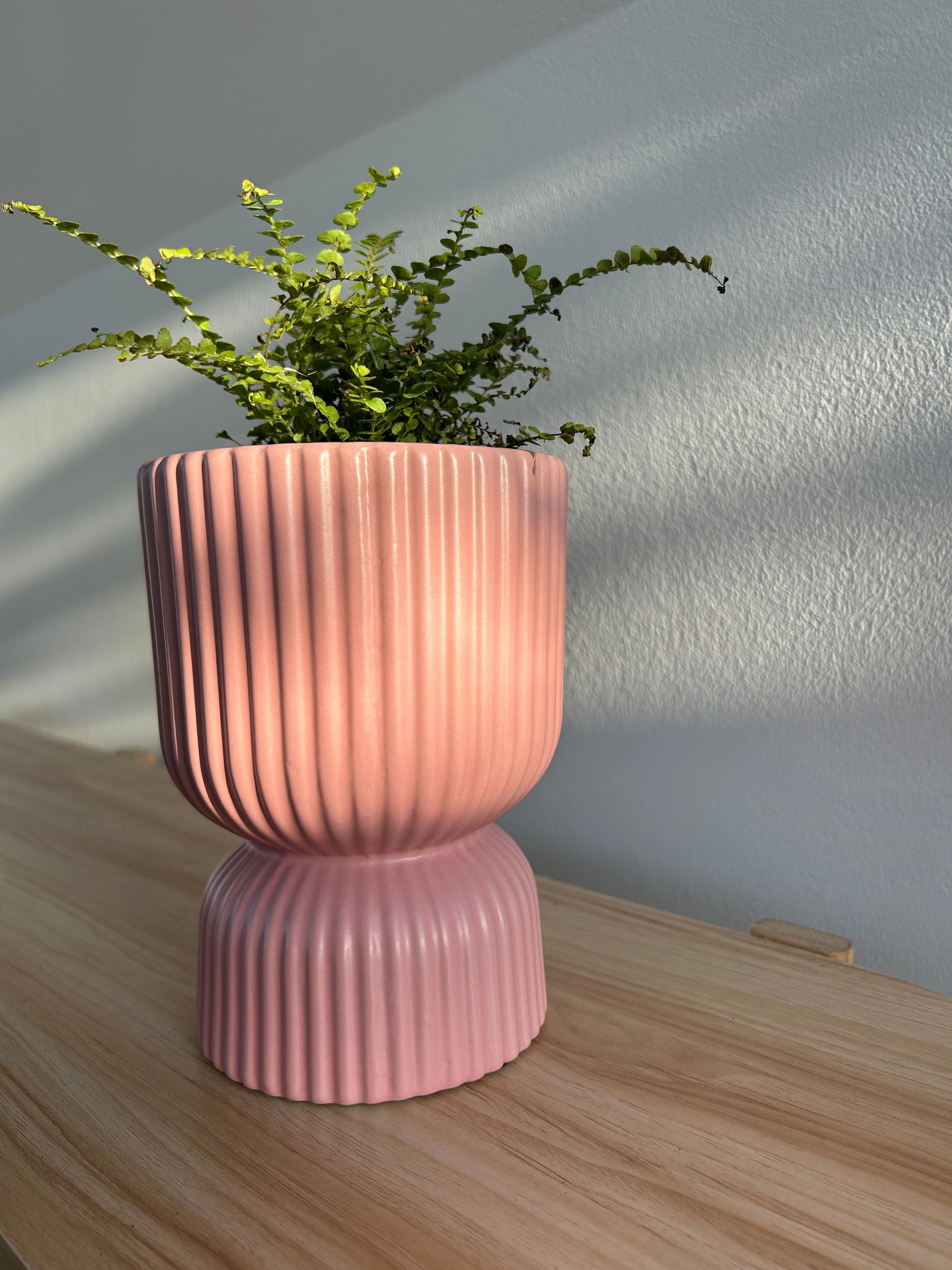 Blush Pink Tall Ribbed Ceramic Vase Plant Pot 12cm Diameter