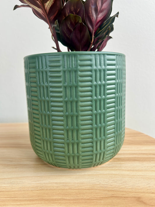 Olive green geometric patterned ceramic pot 12cm Boho