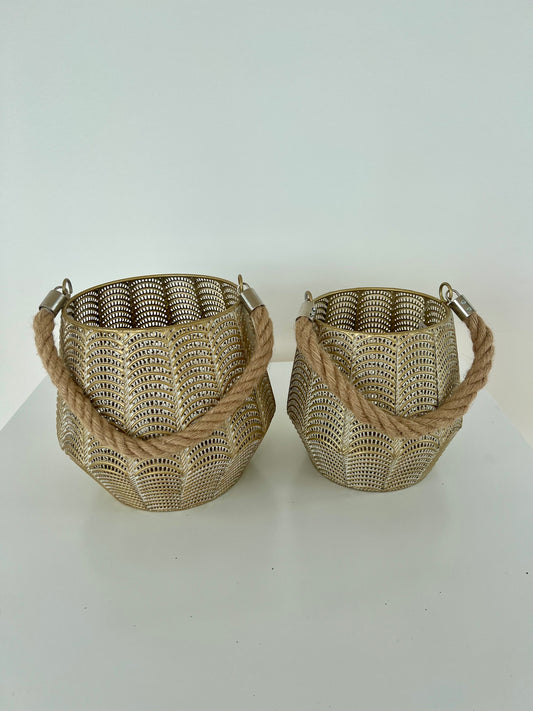Wire mesh lantern pot with rope handle 12cm and 15cm - set of two