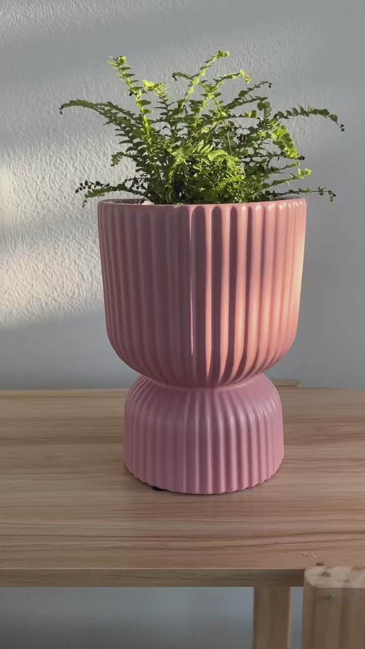 Blush Pink Tall Ribbed Ceramic Vase Plant Pot 12cm Diameter