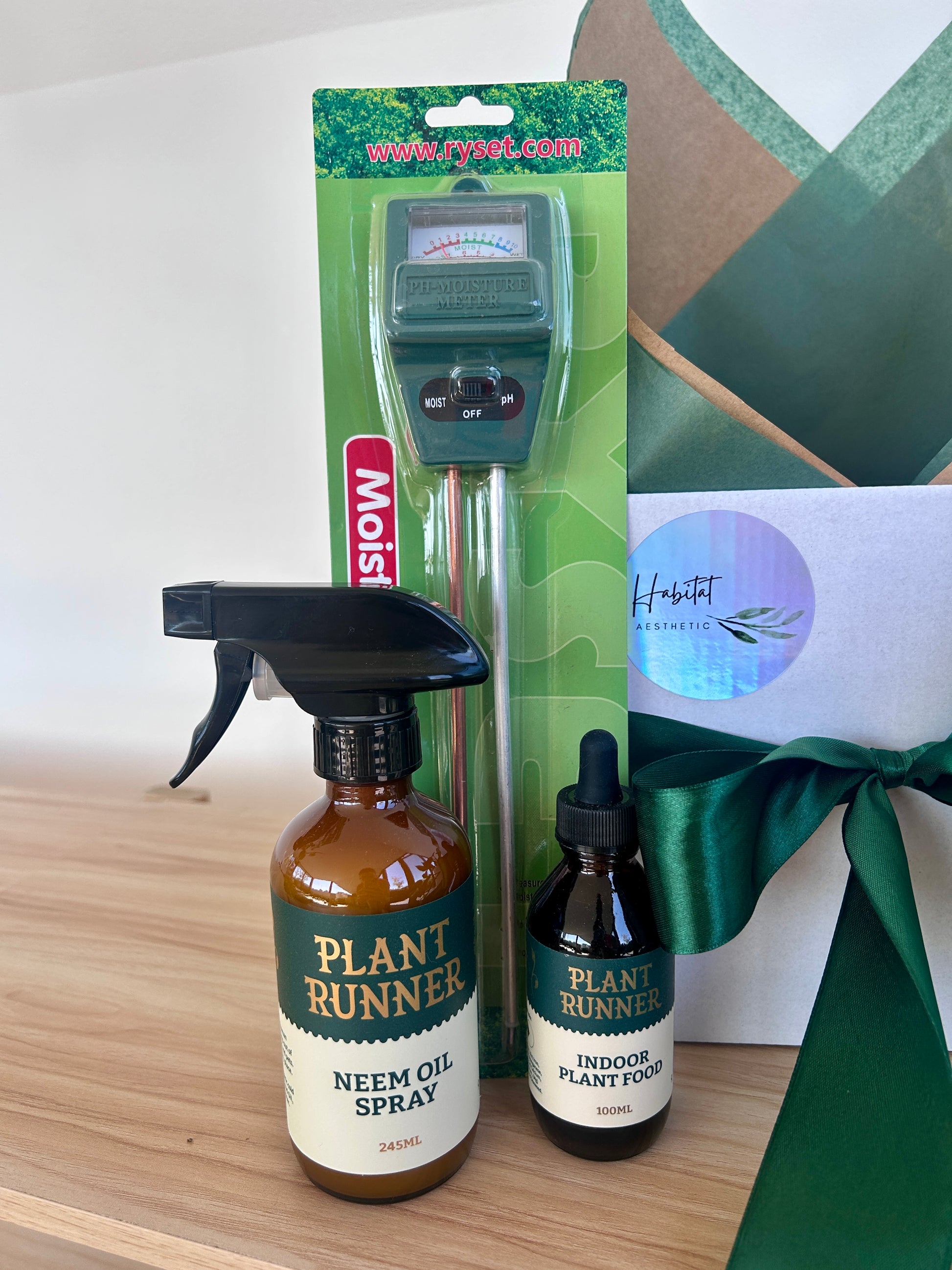 New plant parent gift devils Ivy Plant runner neem oil leaf spray moisture and ph meter fertiliser
