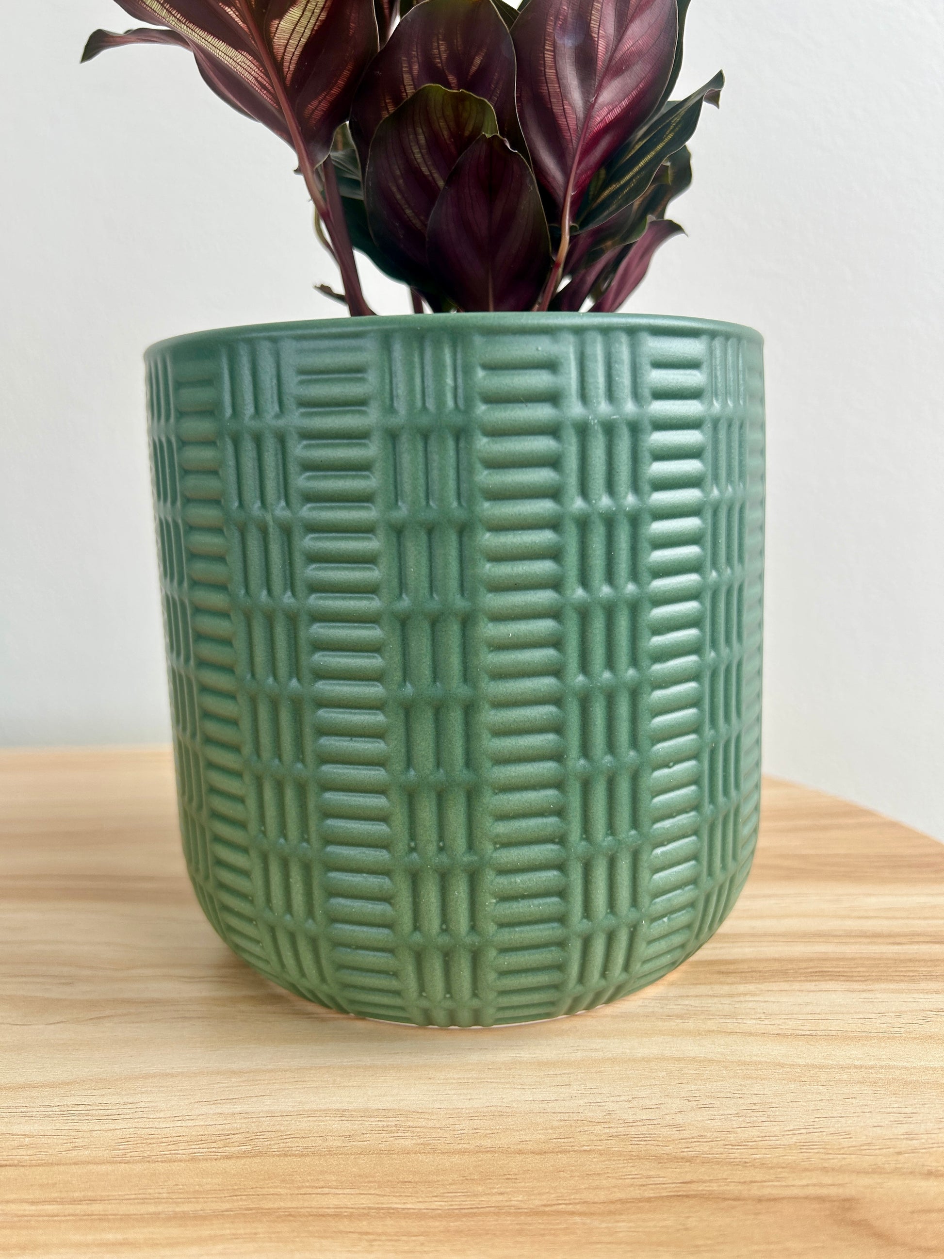 Olive green geometric patterned ceramic pot 12cm Boho 