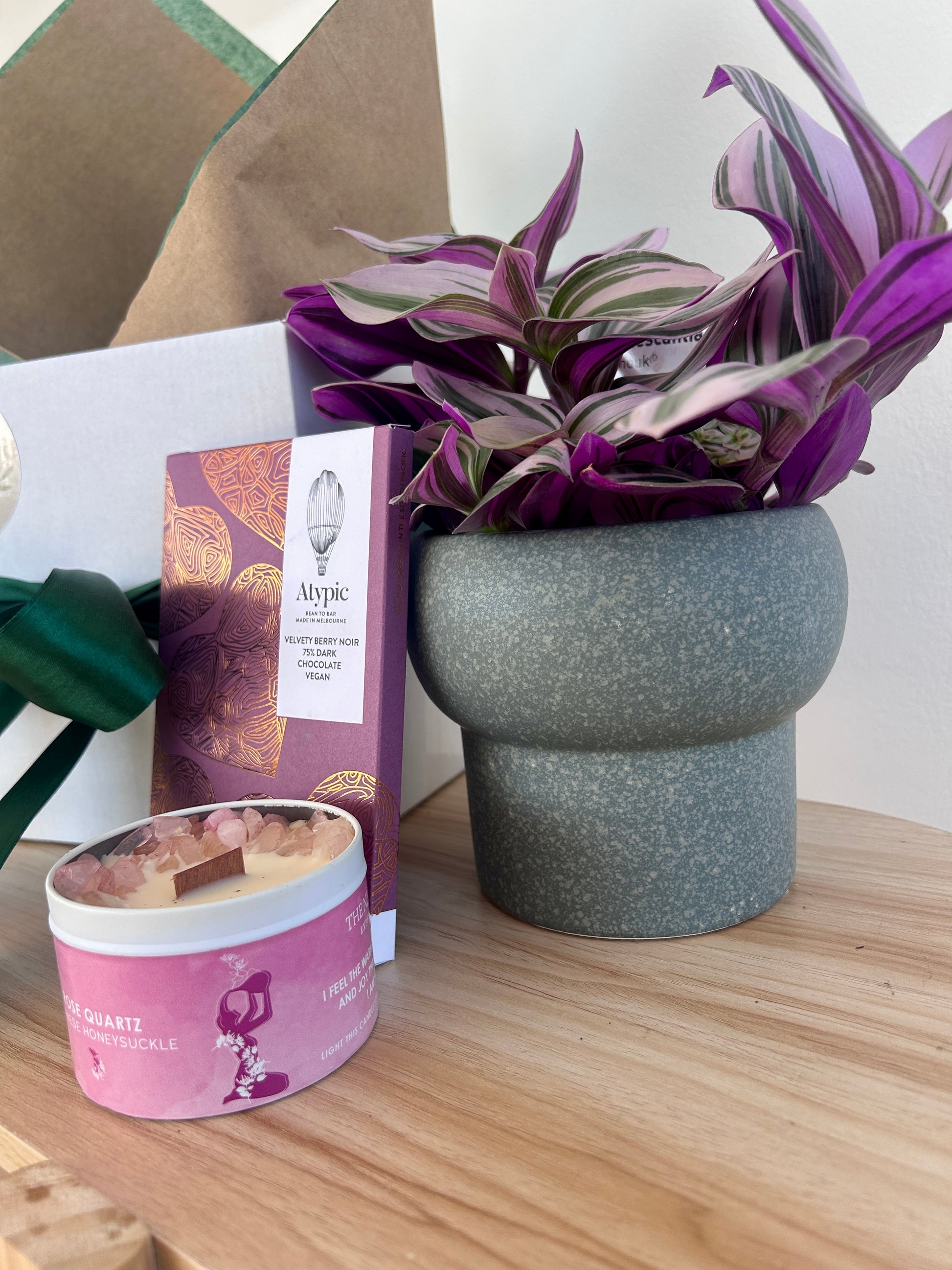 Plant Gift for Her Gift Box Australia Chocolates and Soy Gem Crystal Cadle Rose Quartz Japanese Honeysuckle 