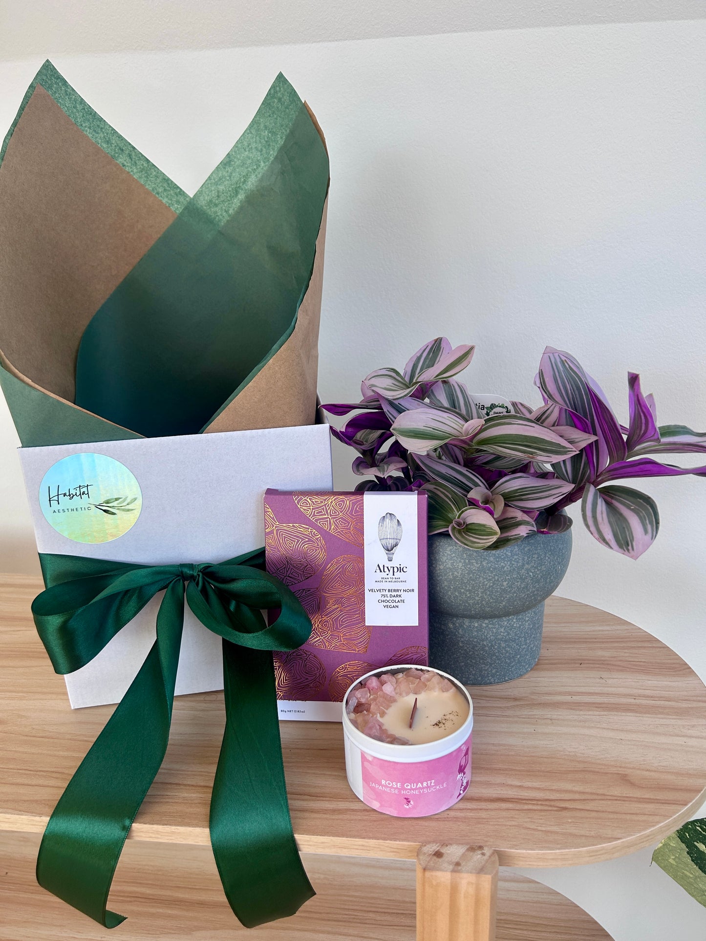 Plant Gift for Her Gift Box Australia Chocolates and Soy Gem Crystal Cadle Rose Quartz Japanese Honeysuckle  Tradescantia Nanouk Atypic Chocolate