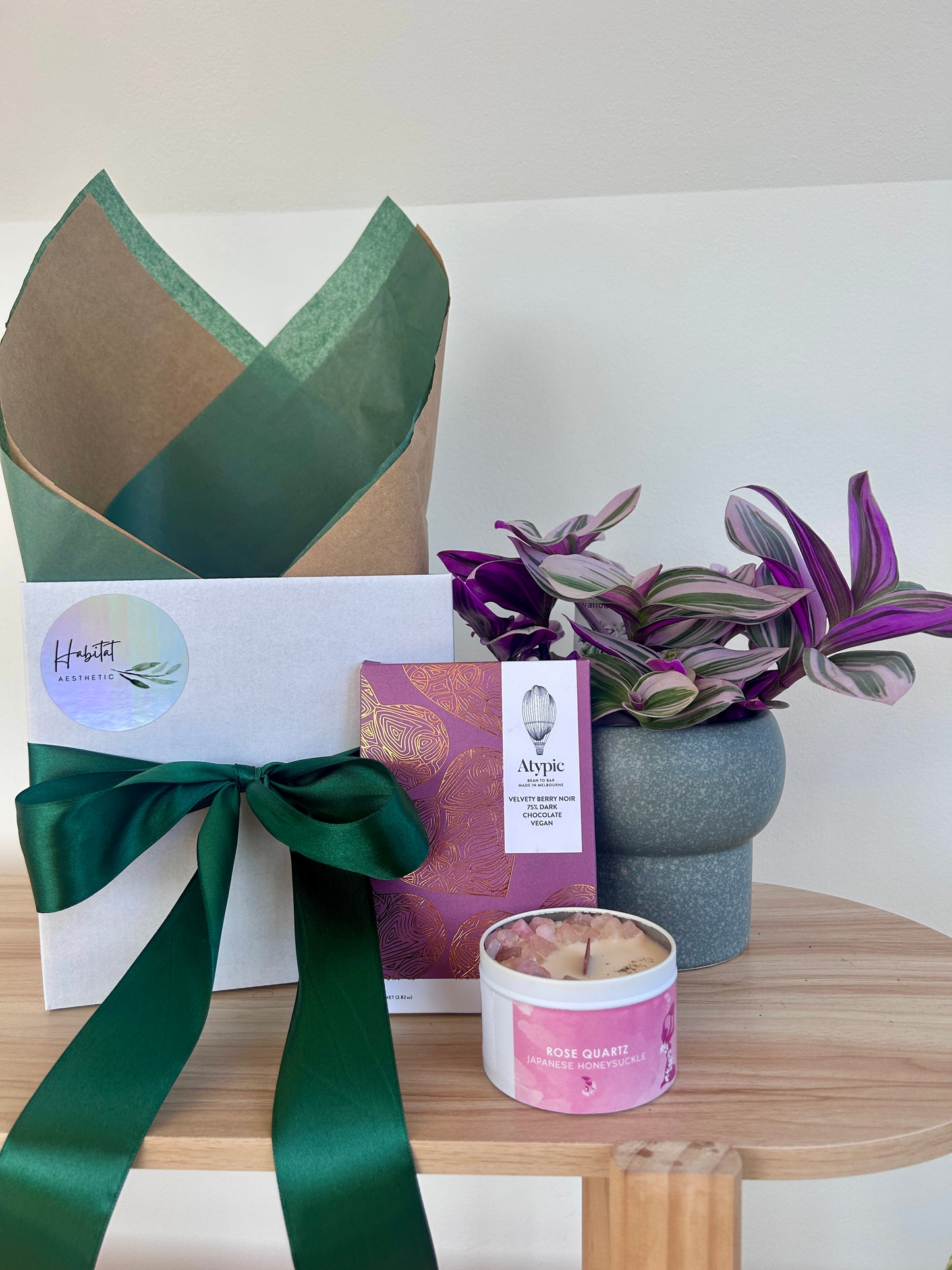 Plant Gift for Her Gift Box Australia Chocolates and Soy Gem Crystal Cadle Rose Quartz Japanese Honeysuckle  Tradescantia Nanouk Atypic Chocolate Australia delivery