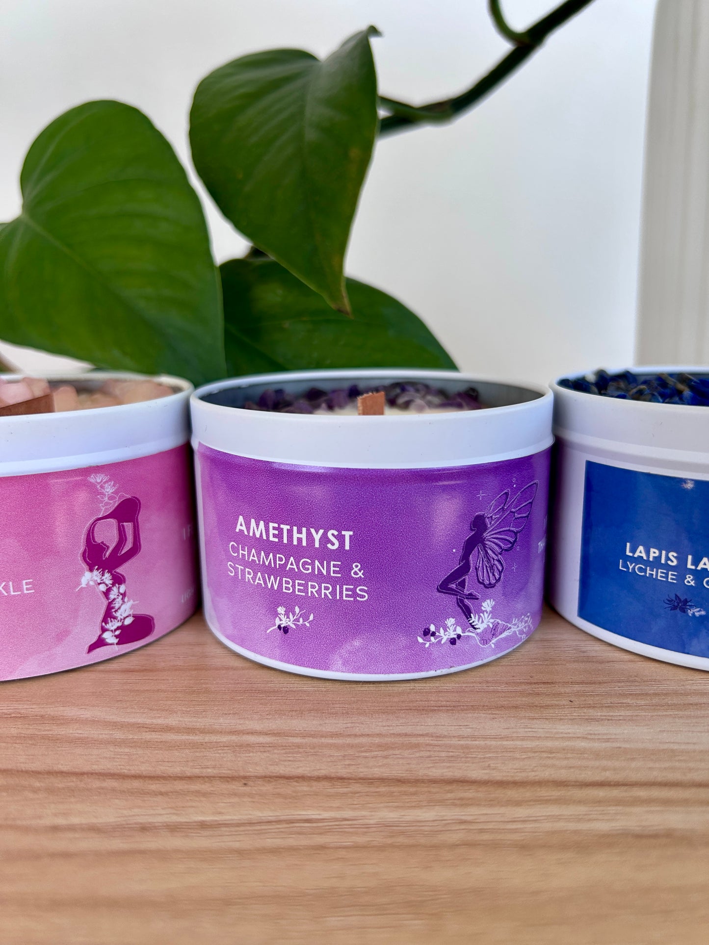 The Natural Experience Soy wax candles with gemstones  Amethyst Champagne and Strawberries