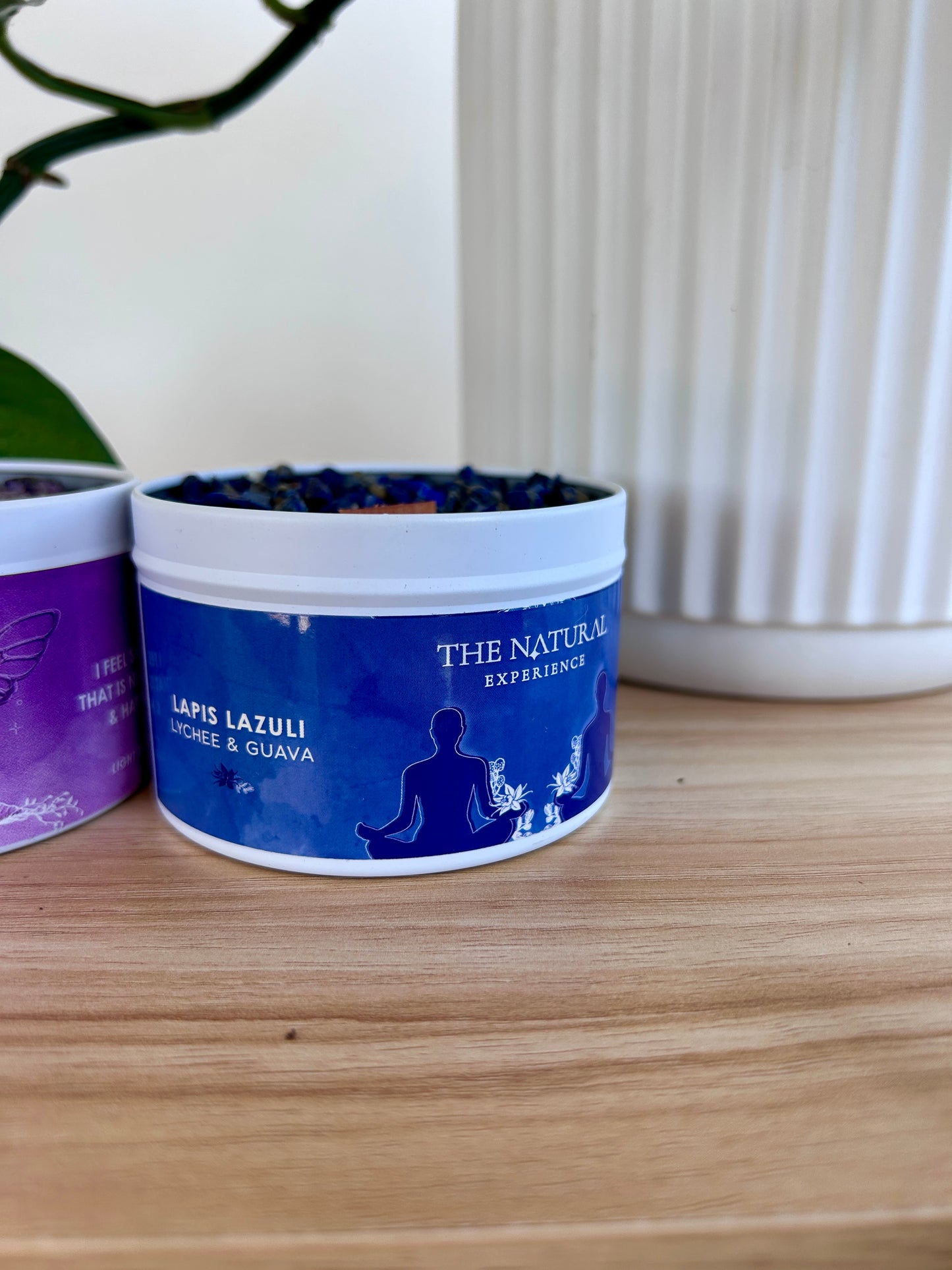 The Natural Experience Soy wax candles with gemstones Lapis Lazuli Lychee and Guava