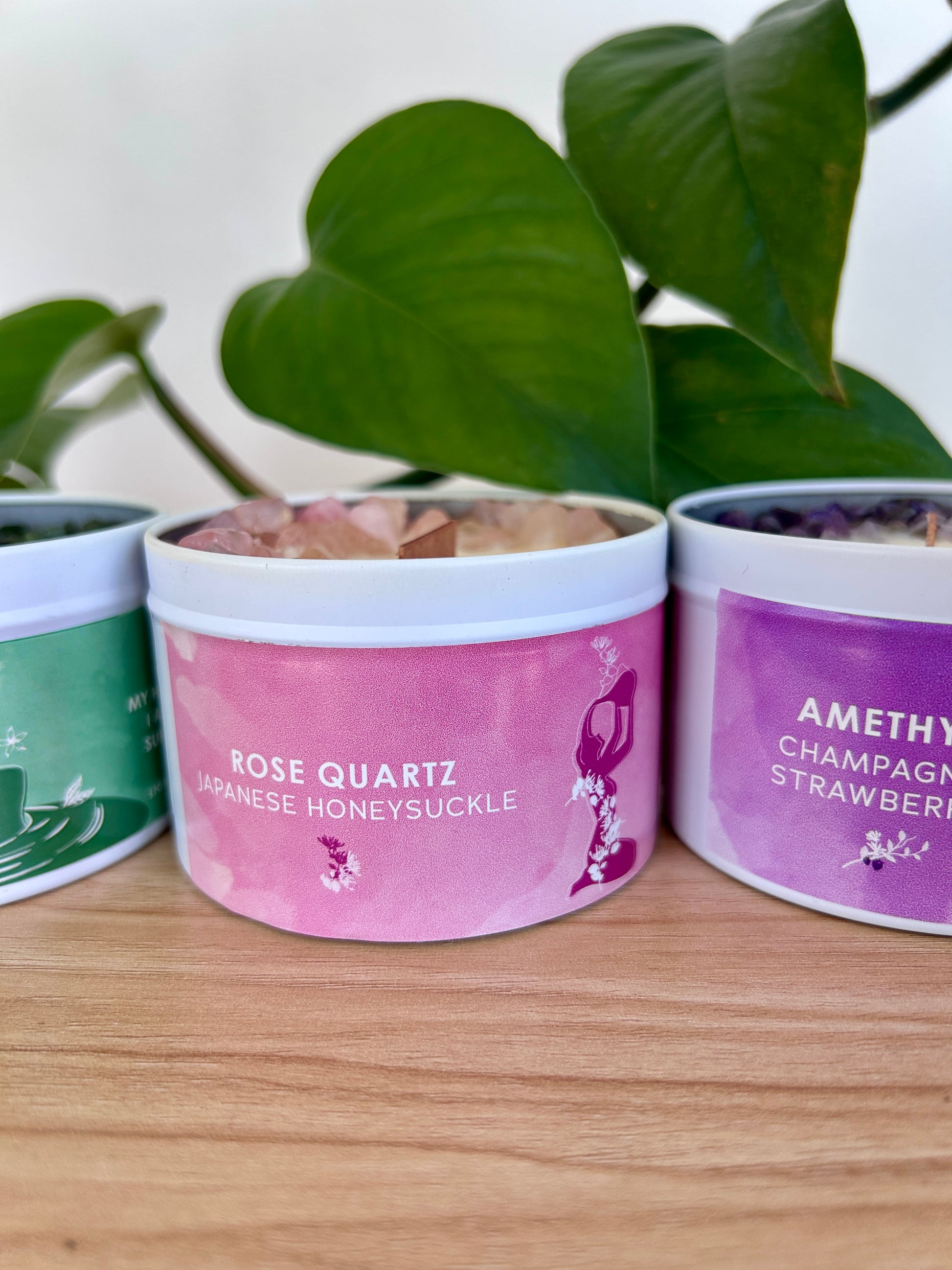 The Natural Experience Soy wax candles with gemstones  Rose Quartz Japanese Honeysuckle
