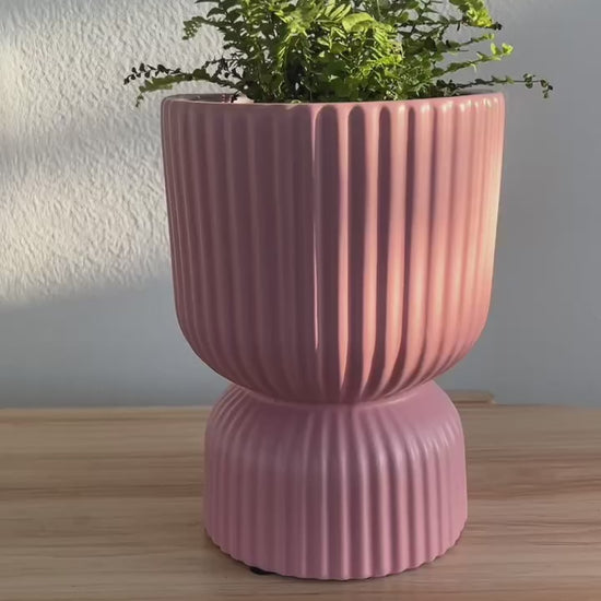 Blush Pink Tall Ribbed Ceramic Vase Plant Pot 12cm Diameter