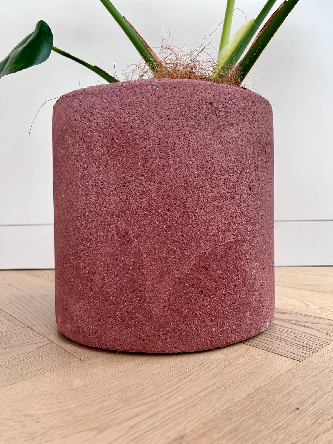 Close-up of the textured rose pink concrete surface of the 24cm pot