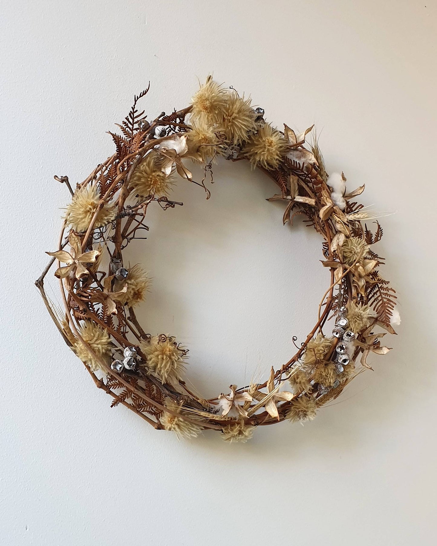 Intertwined Grape and Wisteria vines with Phylica, Tetragona Nuts, Bracken Fern, Wheat and Cotton Seedpods Wreath Dried Organic Art Sculpture by Elsa Thorp