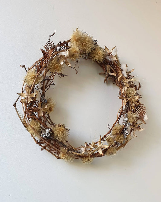 Intertwined Grape and Wisteria vines with Phylica, Tetragona Nuts, Bracken Fern, Wheat and Cotton Seedpods Wreath Dried Organic Art Sculpture by Elsa Thorp